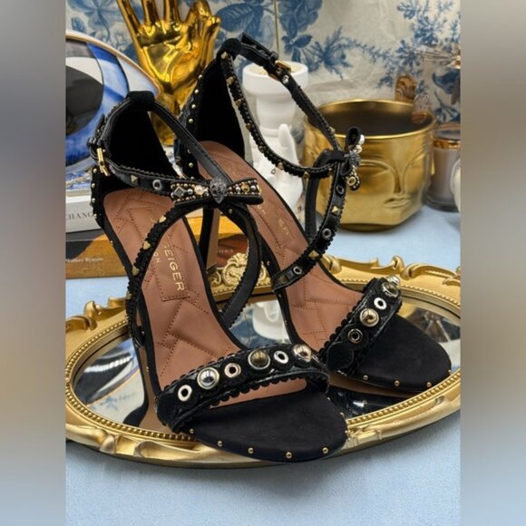 🆕 KURT GEIGER LONDON 🧿 NWOB Mini Bow Eyelet Heel Sandal, Black - Sz 39 US 8.5 - Picture 12 of 14